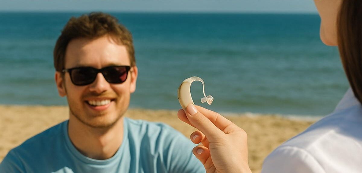 Cesión y préstamo de productos en verano: audioprotesista entregando audífono a paciente en la playa