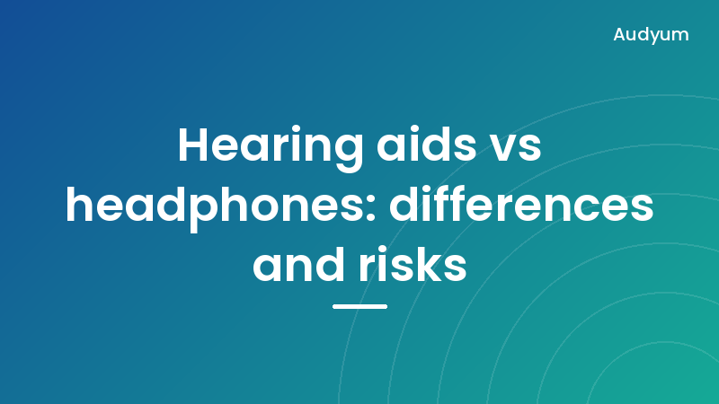 Comparison between a behind-the-ear hearing aid and wireless earbuds on a table